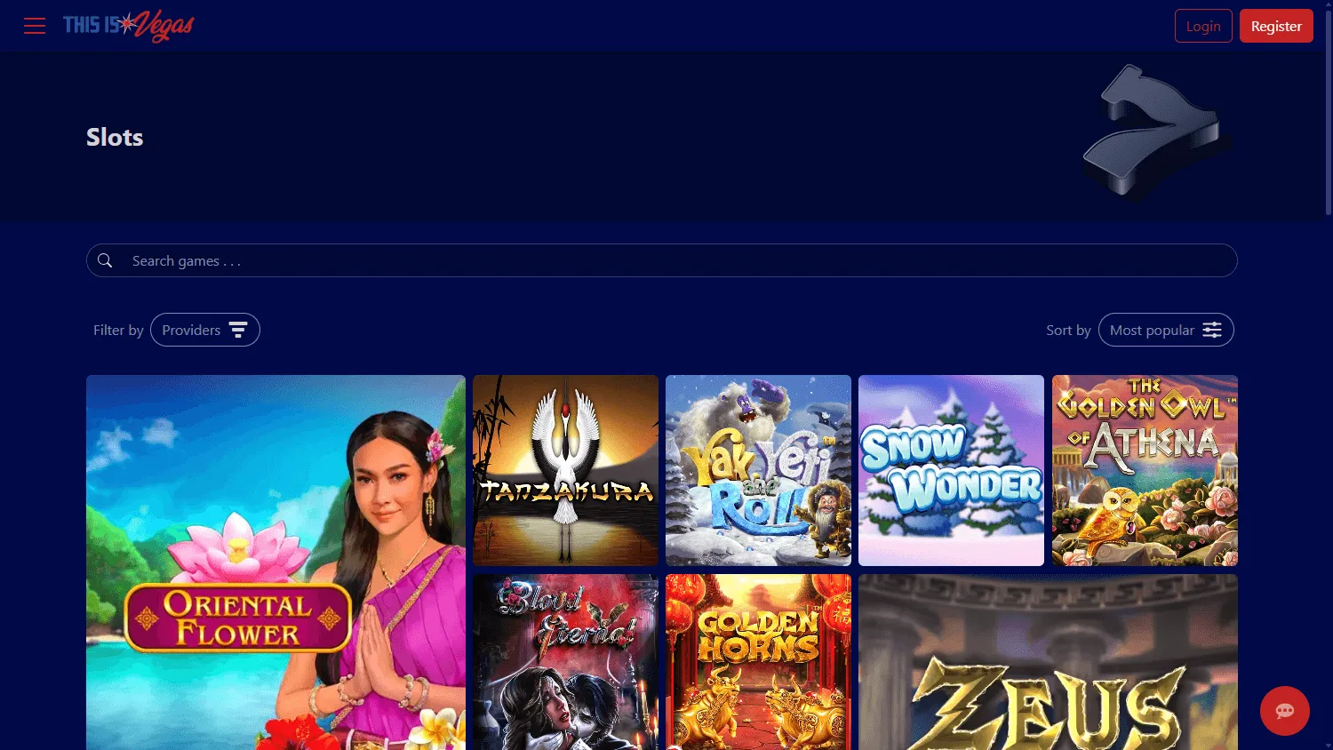 This Is Vegas Casino desktop games area with slots, live games and table game categories