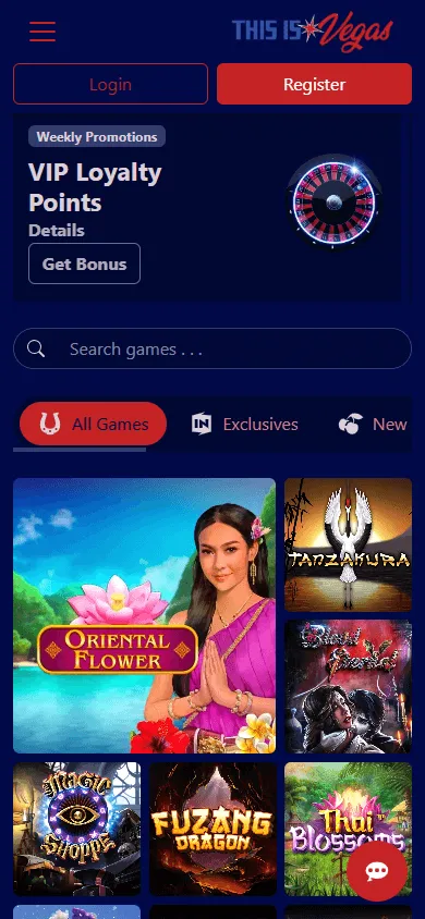 This Is Vegas Casino mobile home interface with casino offers and cashier access