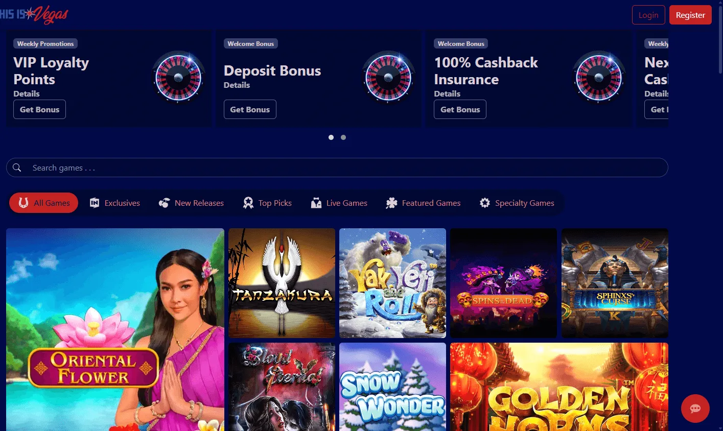 This Is Vegas Casino desktop home interface with casino offers and account options