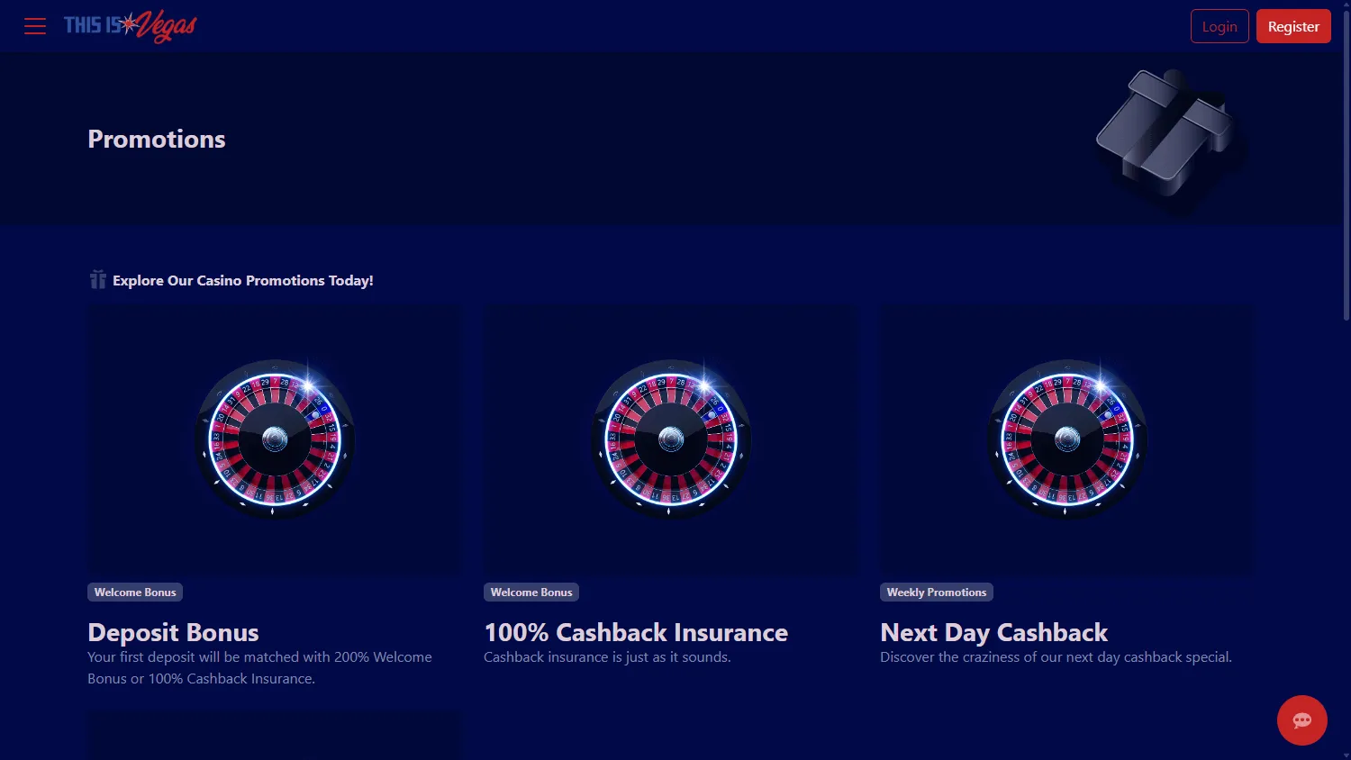 This Is Vegas Casino desktop promotions area with welcome and cashback offers
